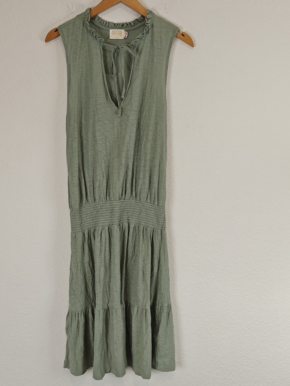 Nation LTD Sage Green Pima Cotton Smocked Waist Tiered Mini Dress Effortless M